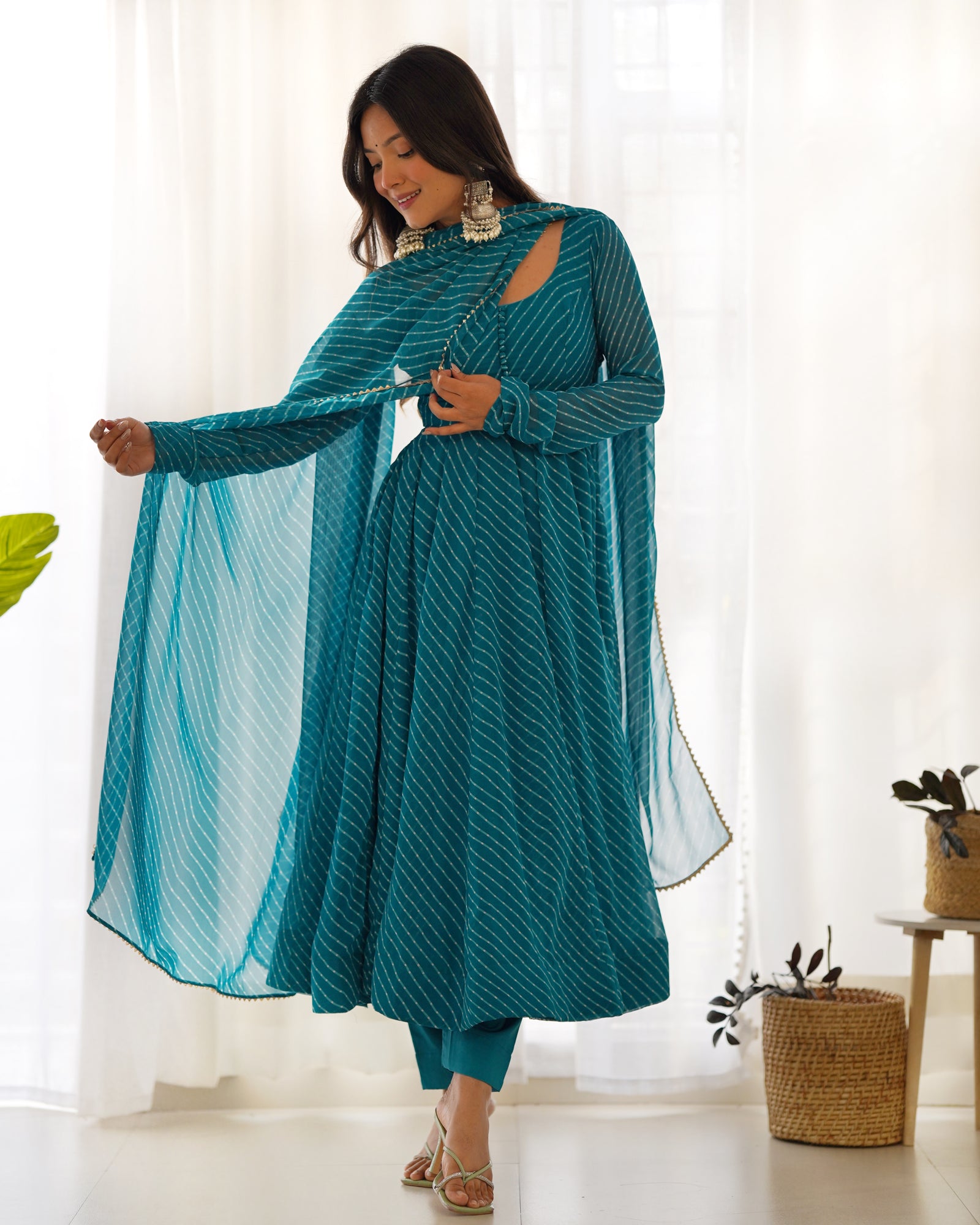 Rama High-End Pure Fox Georgette Laheriya Print Anarkali Set with Dupatta – Perfect for Summer Weddings
