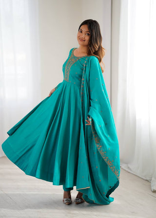 Rama Luxury Heavy Roman Shimmer Chanderi Silk Anarkali Set with Beads Handwork 16 Kali Full Flare Gown, Fancy Dupatta & Churidar Sleeves Clothsvilla