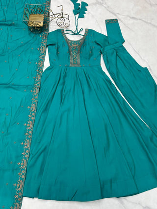 Rama Luxury Heavy Roman Shimmer Chanderi Silk Anarkali Set with Beads Handwork 16 Kali Full Flare Gown, Fancy Dupatta & Churidar Sleeves Clothsvilla