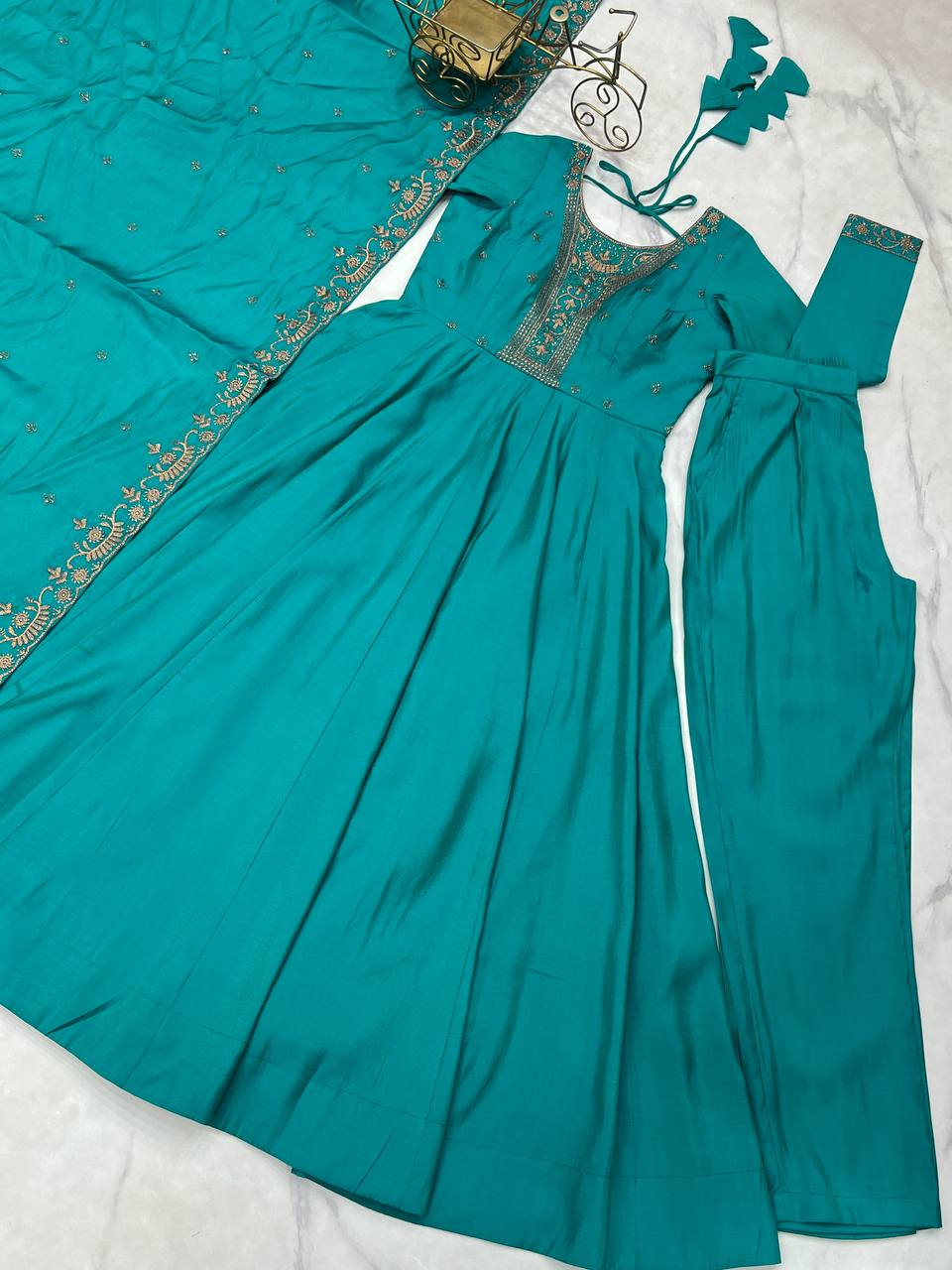 Rama Luxury Heavy Roman Shimmer Chanderi Silk Anarkali Set with Beads Handwork 16 Kali Full Flare Gown, Fancy Dupatta & Churidar Sleeves Clothsvilla