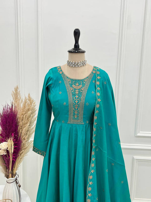 Rama Luxury Heavy Roman Shimmer Chanderi Silk Anarkali Set with Beads Handwork 16 Kali Full Flare Gown, Fancy Dupatta & Churidar Sleeves Clothsvilla