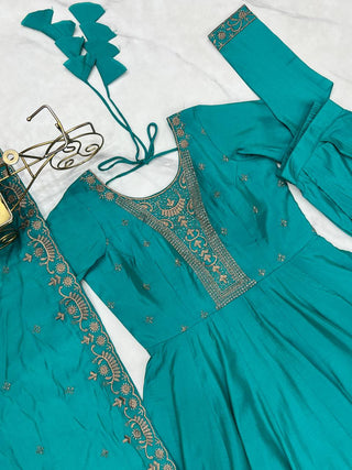 Rama Luxury Heavy Roman Shimmer Chanderi Silk Anarkali Set with Beads Handwork 16 Kali Full Flare Gown, Fancy Dupatta & Churidar Sleeves Clothsvilla