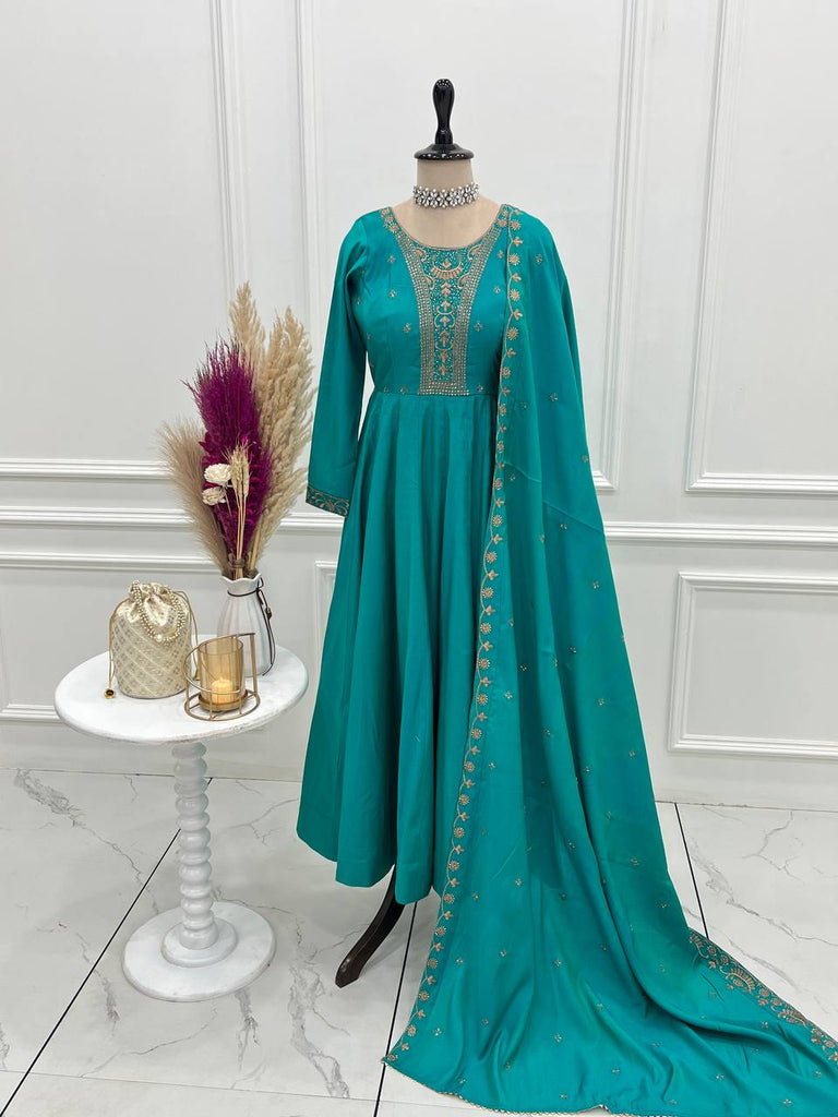 Rama Luxury Heavy Roman Shimmer Chanderi Silk Anarkali Set with Beads Handwork 16 Kali Full Flare Gown, Fancy Dupatta & Churidar Sleeves Clothsvilla