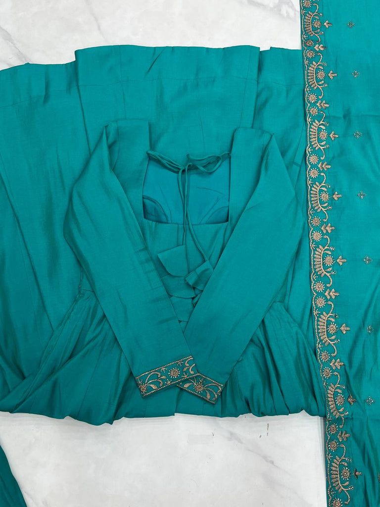 Rama Luxury Heavy Roman Shimmer Chanderi Silk Anarkali Set with Beads Handwork 16 Kali Full Flare Gown, Fancy Dupatta & Churidar Sleeves Clothsvilla