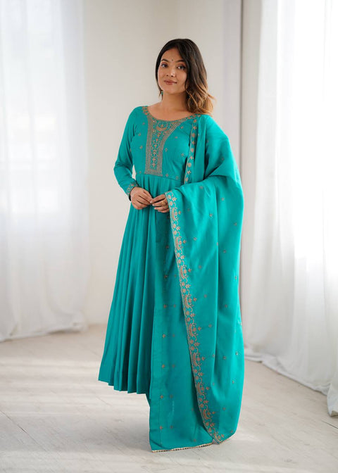 Rama Luxury Heavy Roman Shimmer Chanderi Silk Anarkali Set with Beads Handwork 16 Kali Full Flare Gown, Fancy Dupatta & Churidar Sleeves Clothsvilla Main image