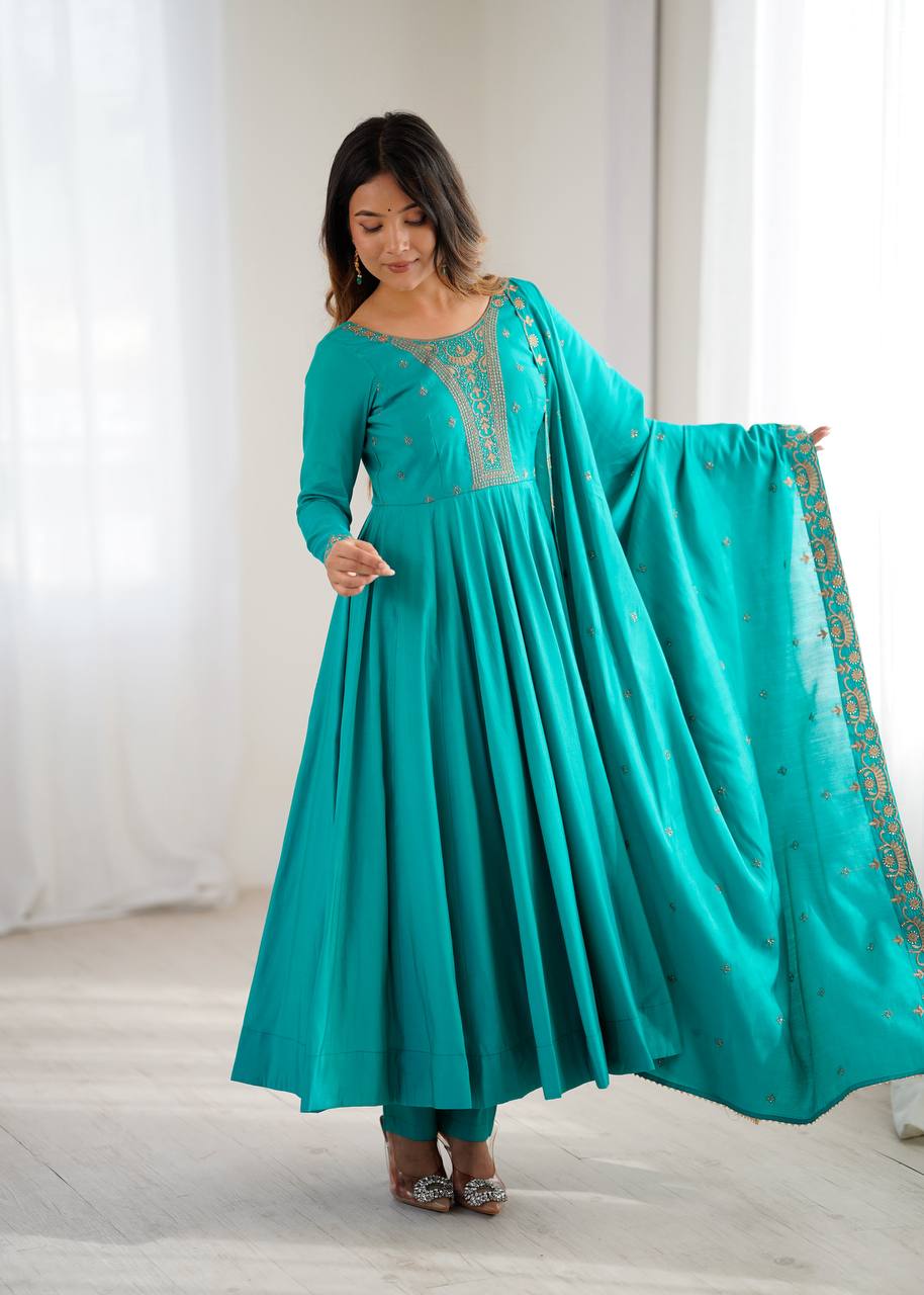 Rama Luxury Heavy Roman Shimmer Chanderi Silk Anarkali Set with Beads Handwork 16 Kali Full Flare Gown, Fancy Dupatta & Churidar Sleeves Clothsvilla