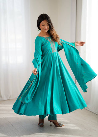 Rama Luxury Heavy Roman Shimmer Chanderi Silk Anarkali Set with Beads Handwork 16 Kali Full Flare Gown, Fancy Dupatta & Churidar Sleeves Clothsvilla