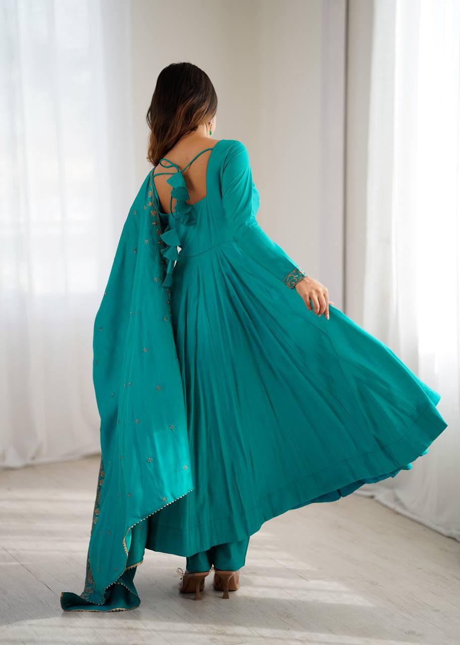 Rama Luxury Heavy Roman Shimmer Chanderi Silk Anarkali Set with Beads Handwork 16 Kali Full Flare Gown, Fancy Dupatta & Churidar Sleeves Clothsvilla