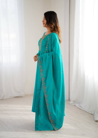 Rama Luxury Heavy Roman Shimmer Chanderi Silk Anarkali Set with Beads Handwork 16 Kali Full Flare Gown, Fancy Dupatta & Churidar Sleeves Clothsvilla