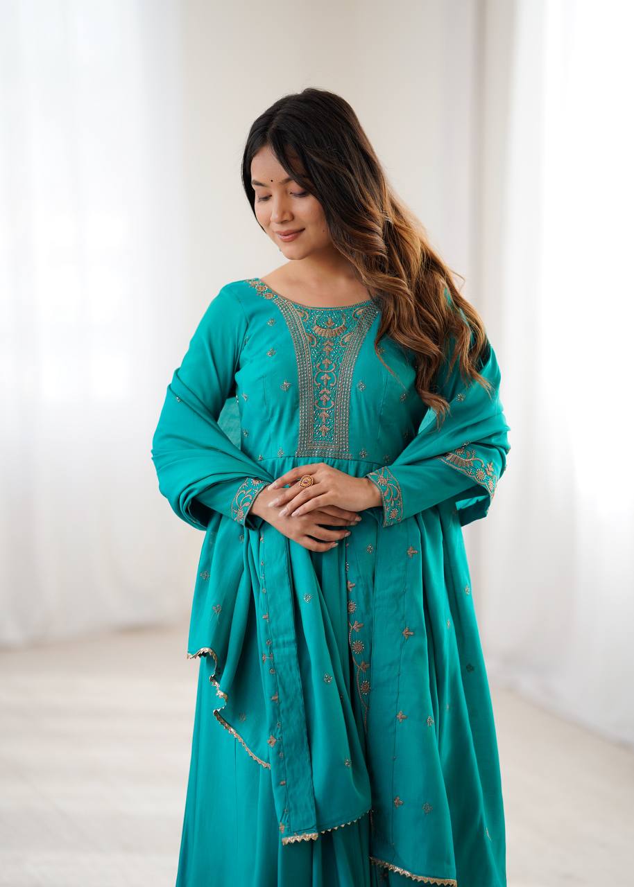 Rama Luxury Heavy Roman Shimmer Chanderi Silk Anarkali Set with Beads Handwork 16 Kali Full Flare Gown, Fancy Dupatta & Churidar Sleeves Clothsvilla