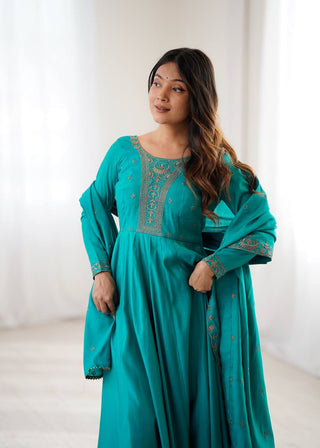 Rama Luxury Heavy Roman Shimmer Chanderi Silk Anarkali Set with Beads Handwork 16 Kali Full Flare Gown, Fancy Dupatta & Churidar Sleeves Clothsvilla