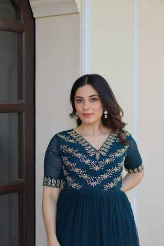 Rama Premium Faux Blooming Frill Gown with Sequins, Multithread & Beads Embroidery ClothsVilla