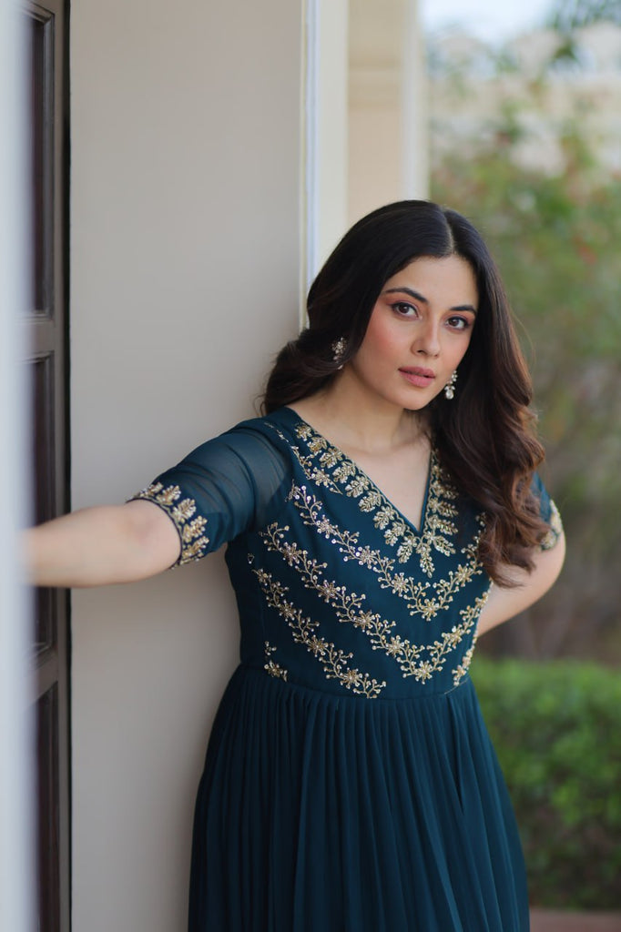 Rama Premium Faux Blooming Frill Gown with Sequins, Multithread & Beads Embroidery ClothsVilla