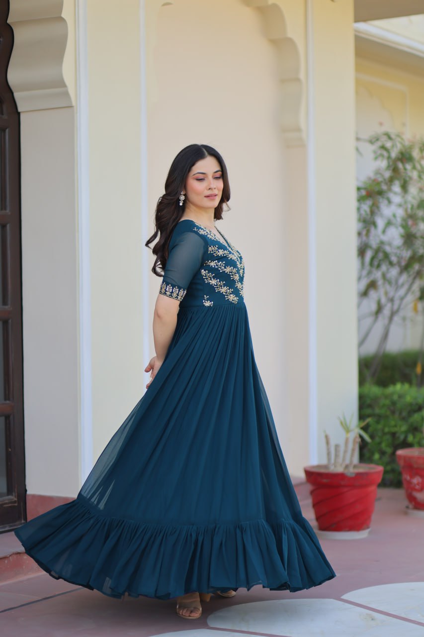 Rama Premium Faux Blooming Frill Gown with Sequins, Multithread & Beads Embroidery ClothsVilla
