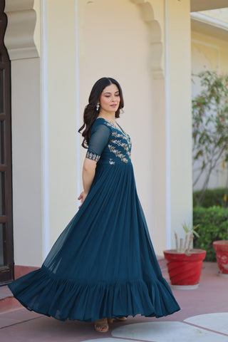 Rama Premium Faux Blooming Frill Gown with Sequins, Multithread & Beads Embroidery ClothsVilla