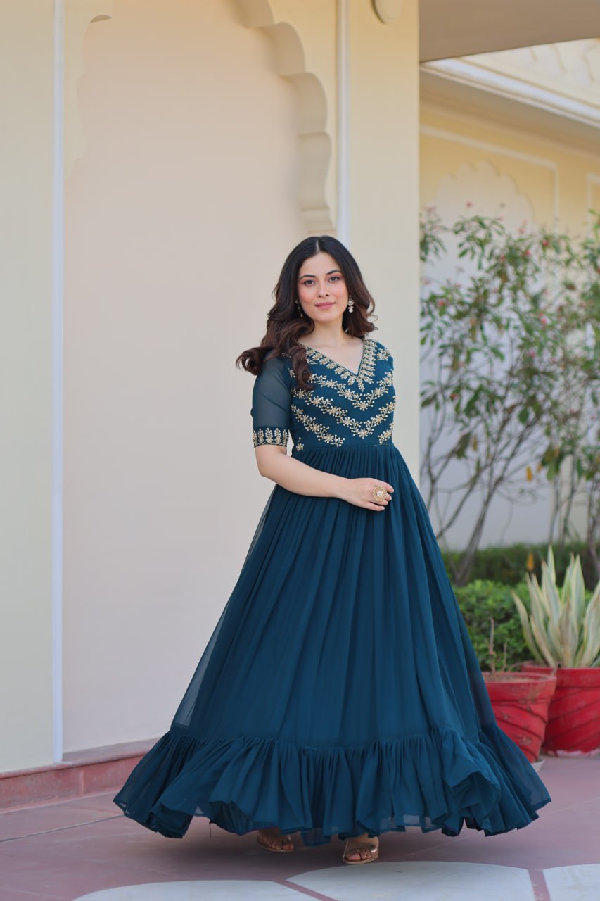 Rama Premium Faux Blooming Frill Gown with Sequins, Multithread & Beads Embroidery ClothsVilla