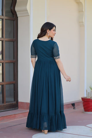 Rama Premium Faux Blooming Frill Gown with Sequins, Multithread & Beads Embroidery ClothsVilla