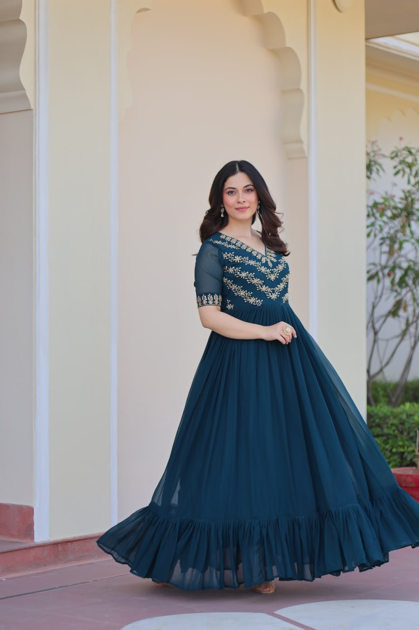 Rama Premium Faux Blooming Frill Gown with Sequins, Multithread & Beads Embroidery ClothsVilla