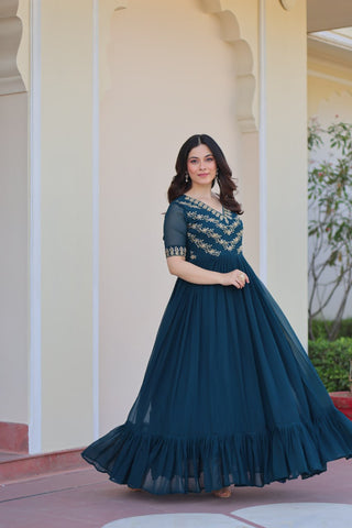 Rama Premium Faux Blooming Frill Gown with Sequins, Multithread & Beads Embroidery ClothsVilla