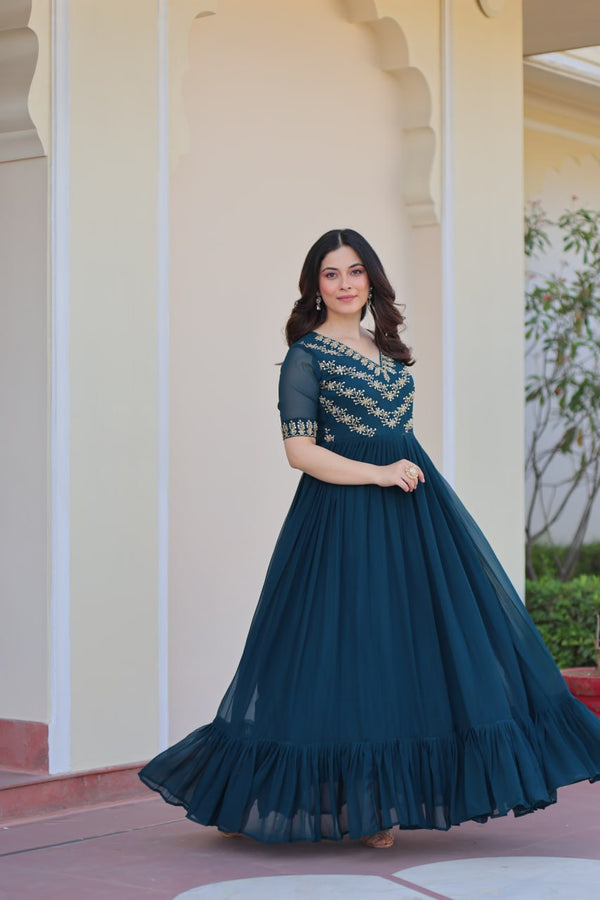 Rama Premium Faux Blooming Frill Gown with Sequins, Multithread & Beads Embroidery ClothsVilla