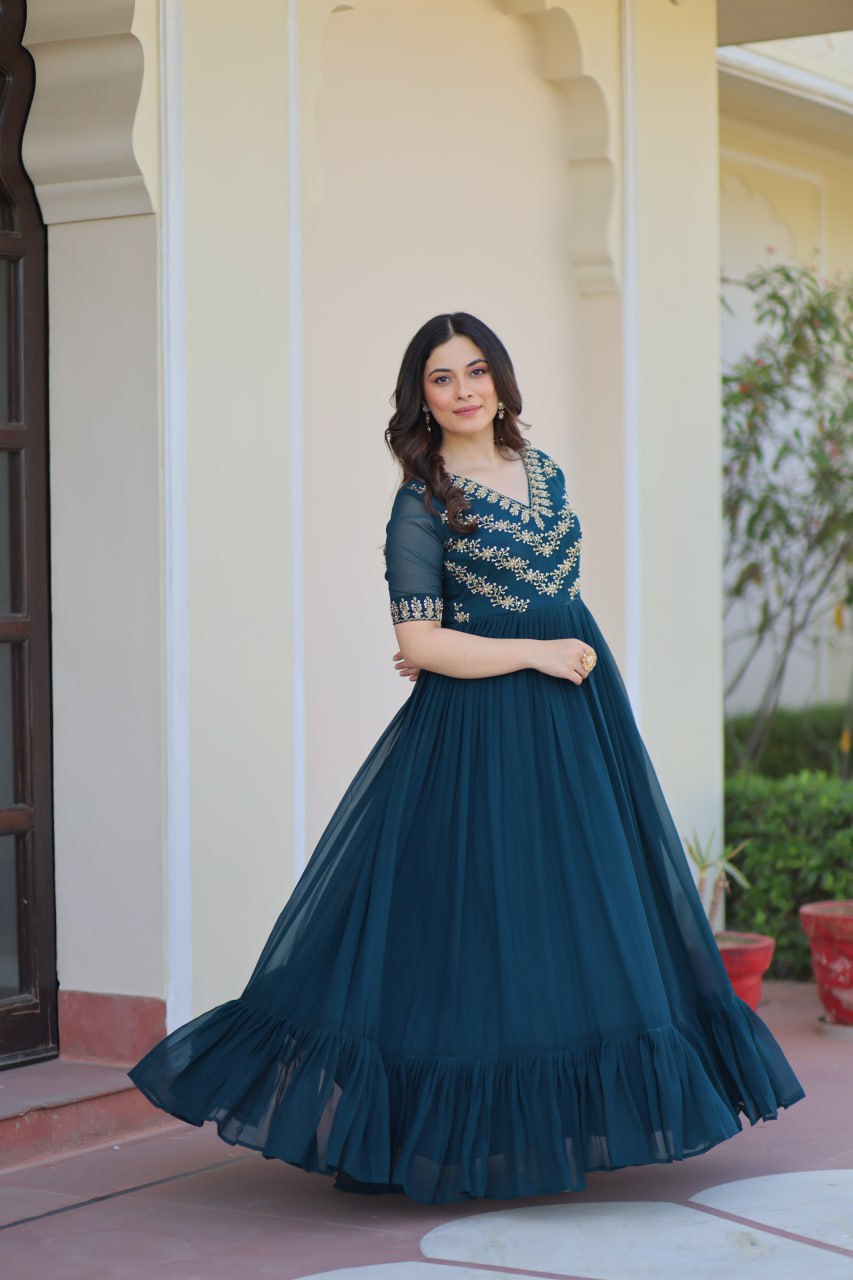 Rama Premium Faux Blooming Frill Gown with Sequins, Multithread & Beads Embroidery ClothsVilla