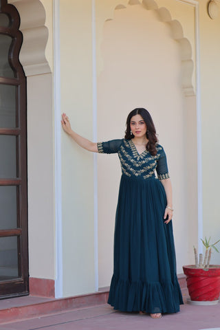 Rama Premium Faux Blooming Frill Gown with Sequins, Multithread & Beads Embroidery ClothsVilla