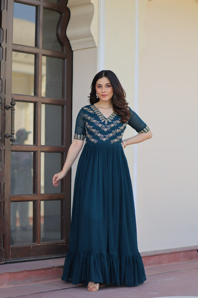 Rama Premium Faux Blooming Frill Gown with Sequins, Multithread & Beads Embroidery ClothsVilla