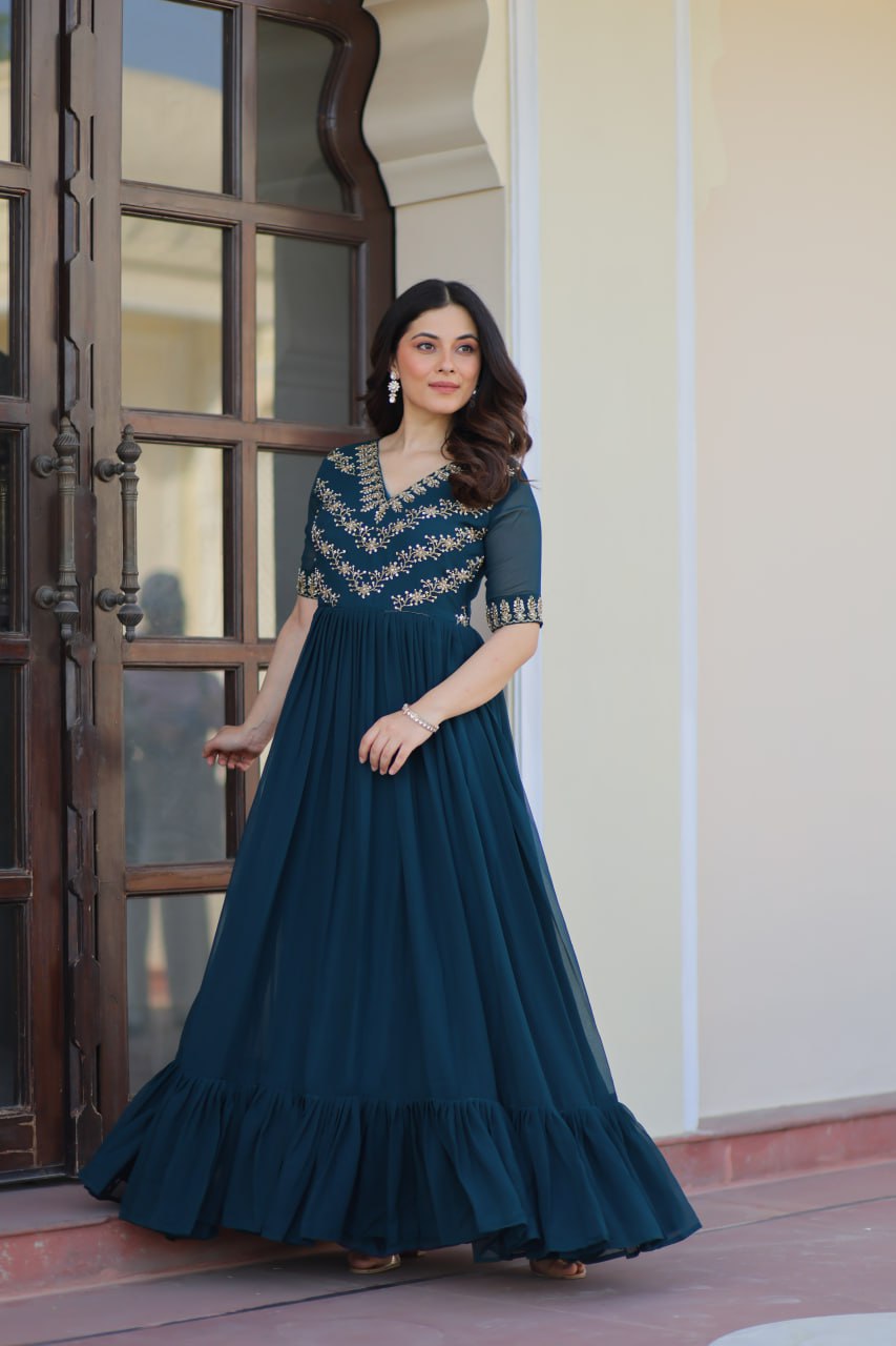 Rama Premium Faux Blooming Frill Gown with Sequins, Multithread & Beads Embroidery ClothsVilla