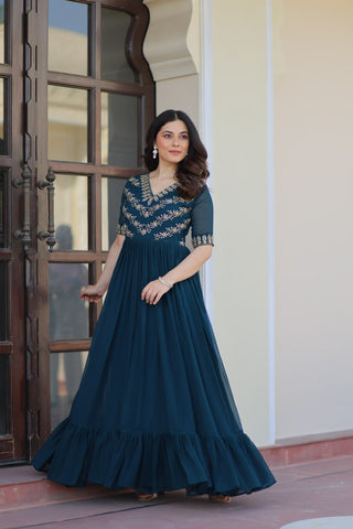 Rama Premium Faux Blooming Frill Gown with Sequins, Multithread & Beads Embroidery ClothsVilla