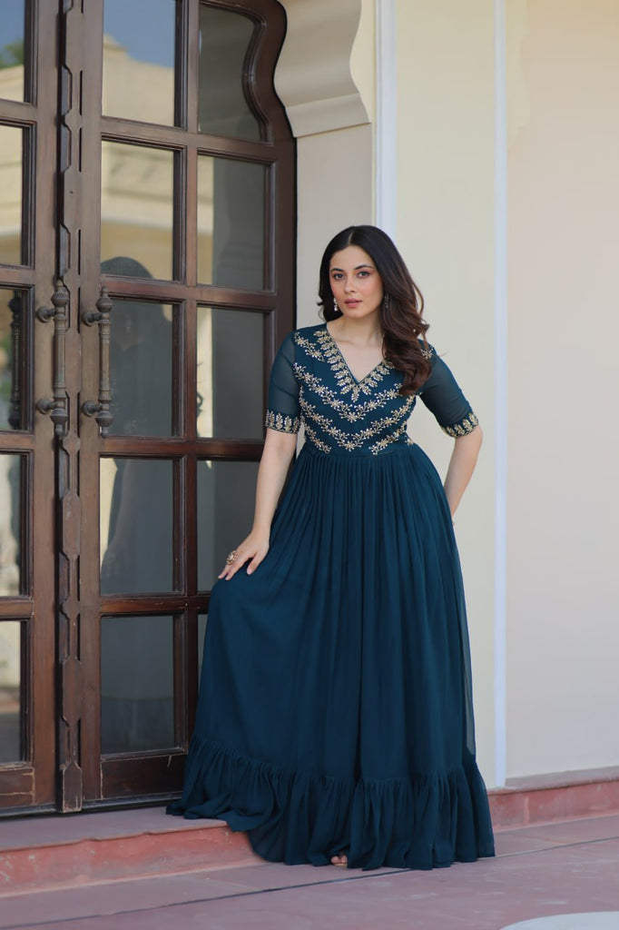 Rama Premium Faux Blooming Frill Gown with Sequins, Multithread & Beads Embroidery ClothsVilla