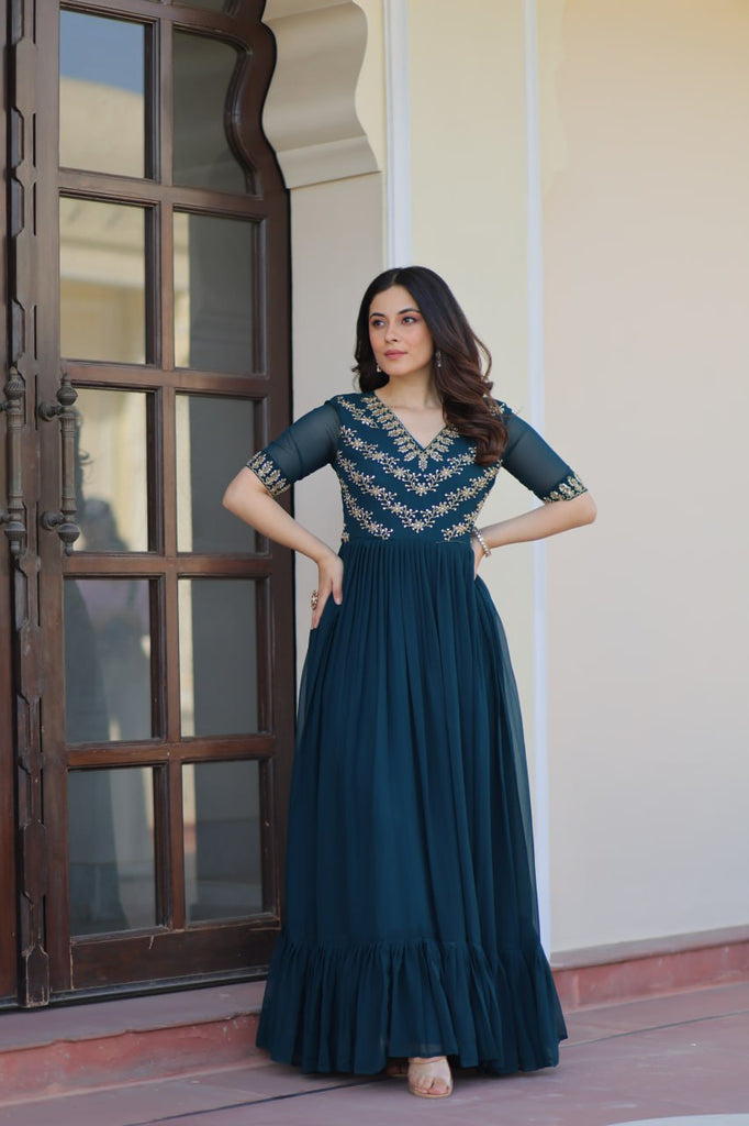 Rama Premium Faux Blooming Frill Gown with Sequins, Multithread & Beads Embroidery ClothsVilla
