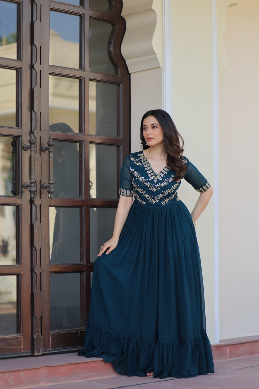 Rama Premium Faux Blooming Frill Gown with Sequins, Multithread & Beads Embroidery ClothsVilla