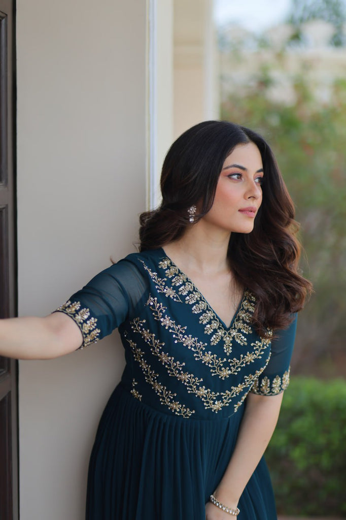 Rama Premium Faux Blooming Frill Gown with Sequins, Multithread & Beads Embroidery ClothsVilla