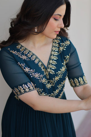 Rama Premium Faux Blooming Frill Gown with Sequins, Multithread & Beads Embroidery ClothsVilla