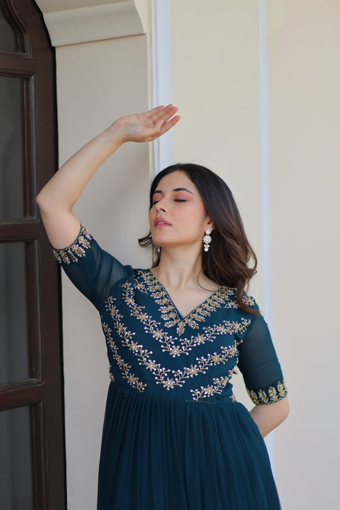 Rama Premium Faux Blooming Frill Gown with Sequins, Multithread & Beads Embroidery ClothsVilla