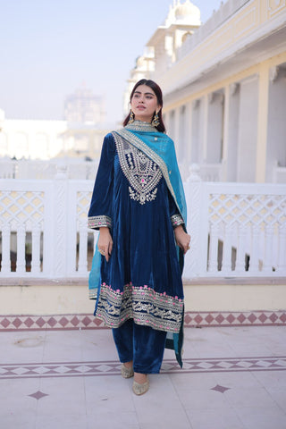 Rama Velvet Embroidered Top Pant Set ClothsVilla