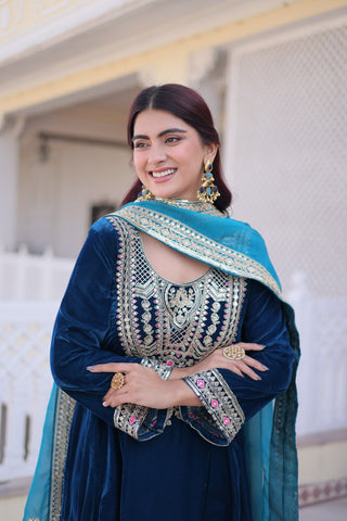 Rama Velvet Embroidered Top Pant Set ClothsVilla