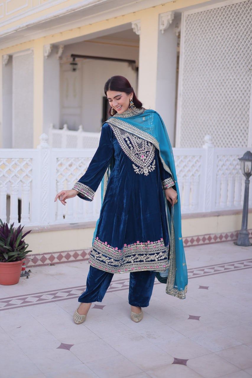 Rama Velvet Embroidered Top Pant Set ClothsVilla