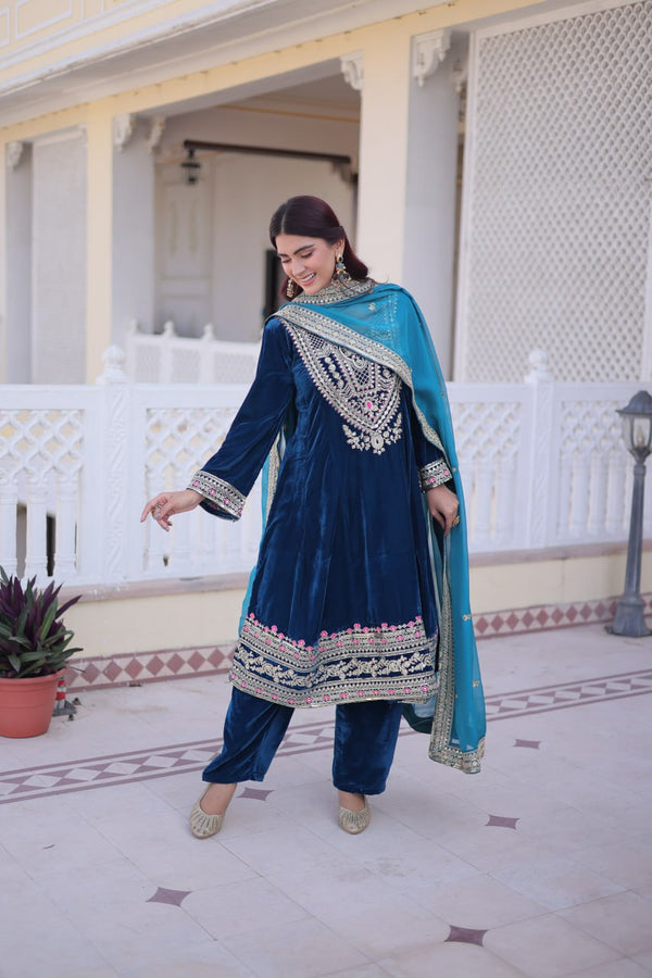 Rama Velvet Embroidered Top Pant Set ClothsVilla