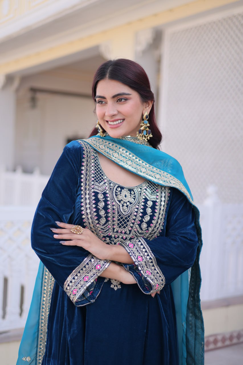 Rama Velvet Embroidered Top Pant Set ClothsVilla