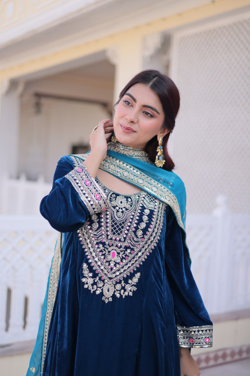 Rama Velvet Embroidered Top Pant Set ClothsVilla