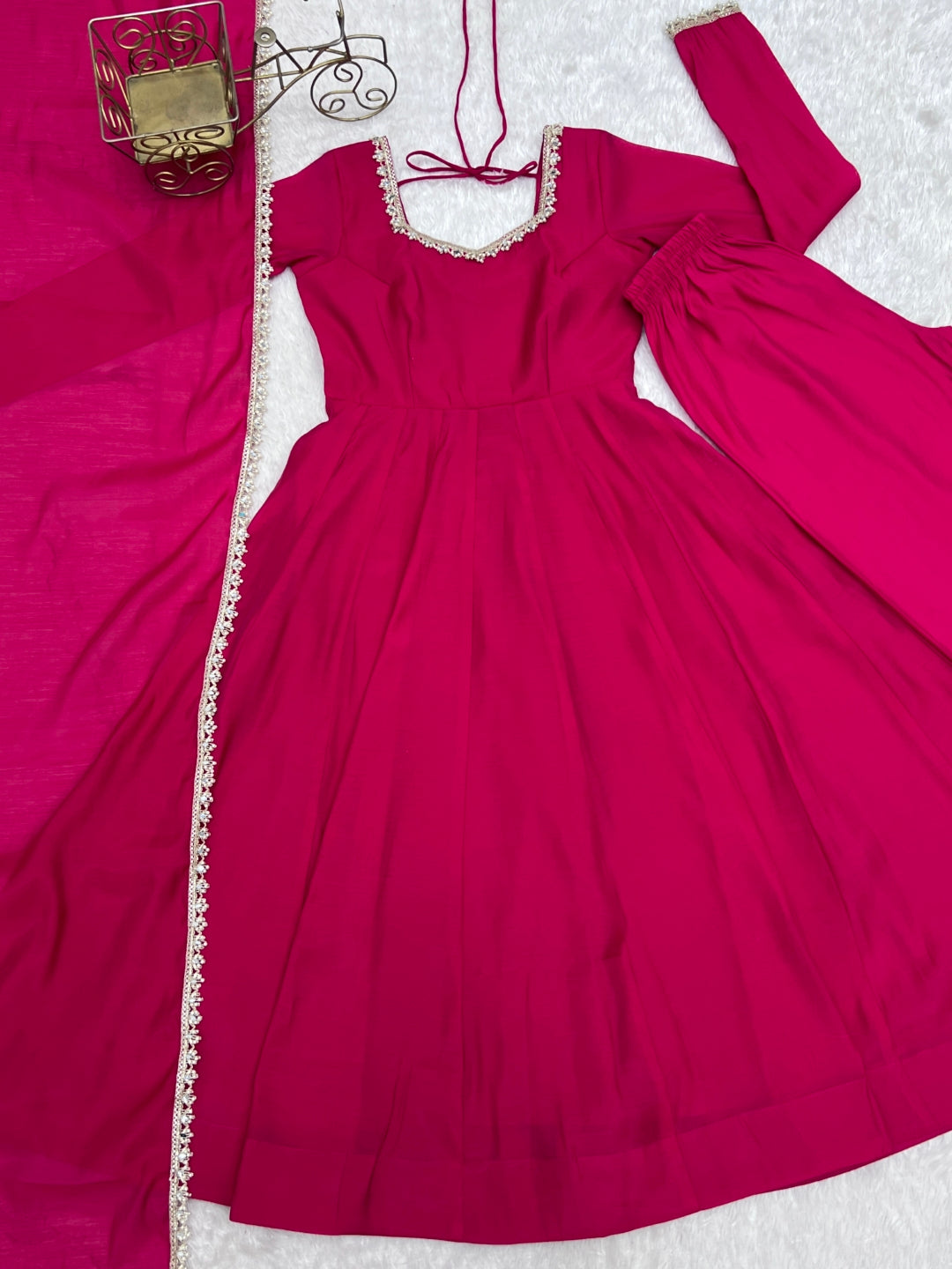 Rani Pink Chanderi Flared Anarkali Set ClothsVilla