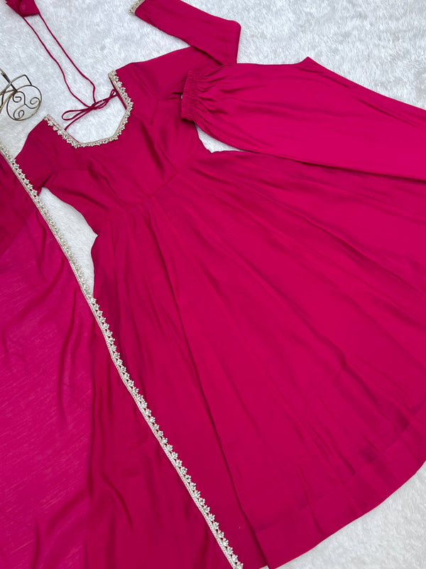 Rani Pink Chanderi Flared Anarkali Set ClothsVilla