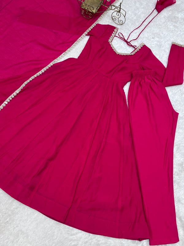 Rani Pink Chanderi Flared Anarkali Set ClothsVilla