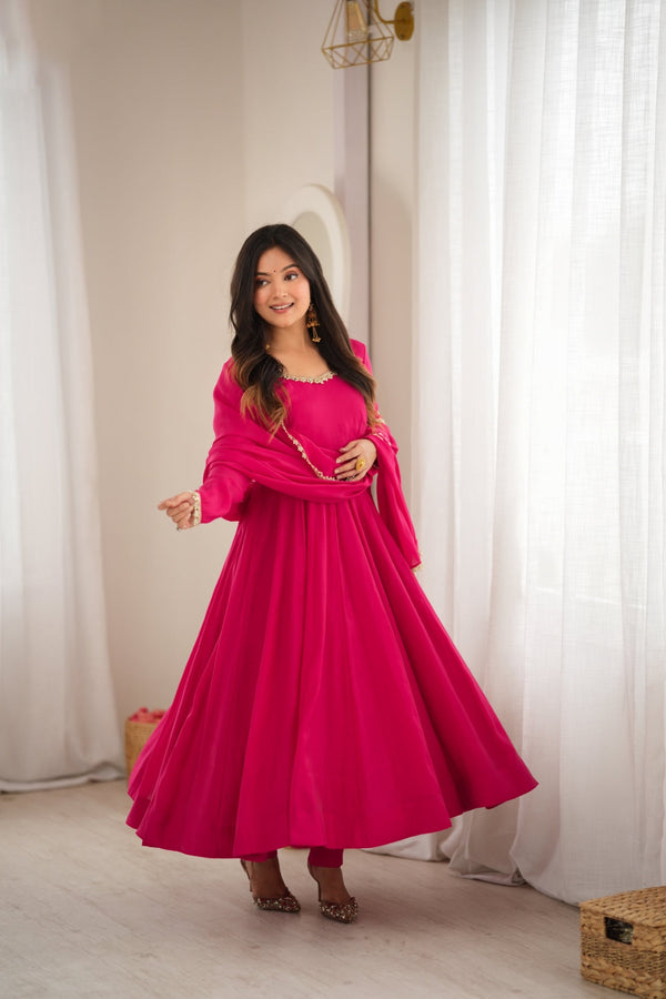 Rani Pink Chanderi Flared Anarkali Set ClothsVilla