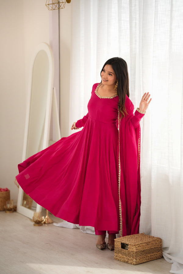 Rani Pink Chanderi Flared Anarkali Set ClothsVilla