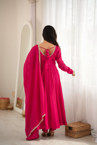 Rani Pink Chanderi Flared Anarkali Set ClothsVilla