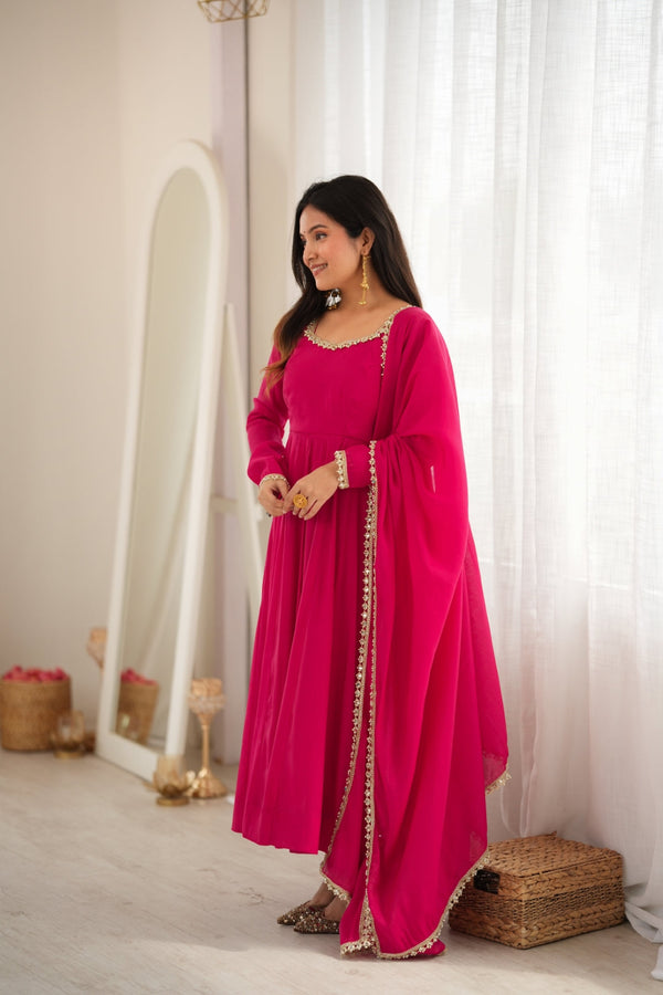 Rani Pink Chanderi Flared Anarkali Set ClothsVilla