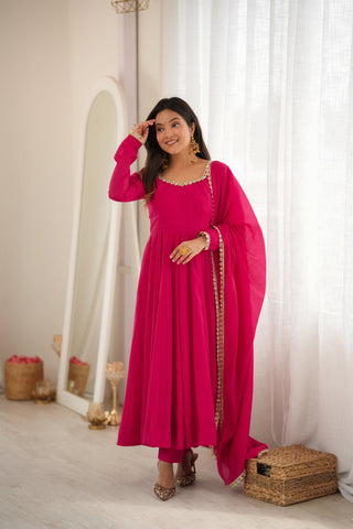 Rani Pink Chanderi Flared Anarkali Set ClothsVilla