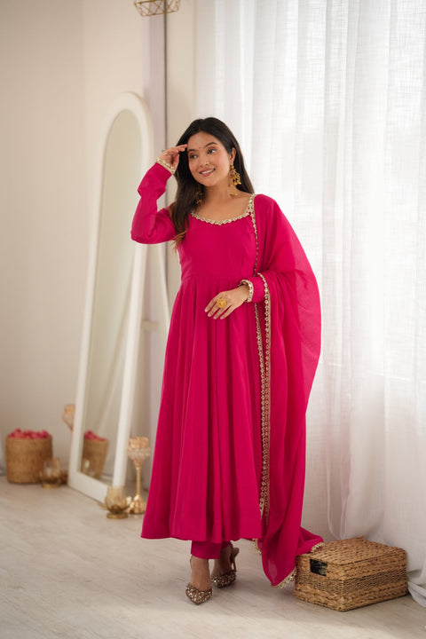 Rani Pink Chanderi Flared Anarkali Set ClothsVilla Main image